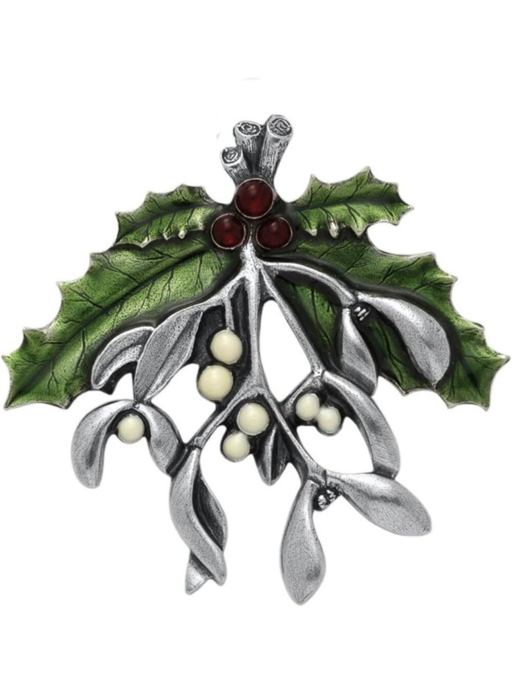 Handcrafted Pewter Mistletoe & Holly Brooch Pin - Festive Christmas Jewelry for